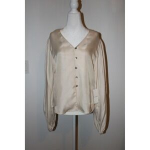 RG Kane‎ Lucie Blouse Cream Champagne Button Front V-Neck Cupro Top NWT Size M